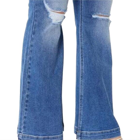 Kancan Flirting With A Stranger Plus Size Denim Distressed Flare Button Jeans - Picture 6 of 16